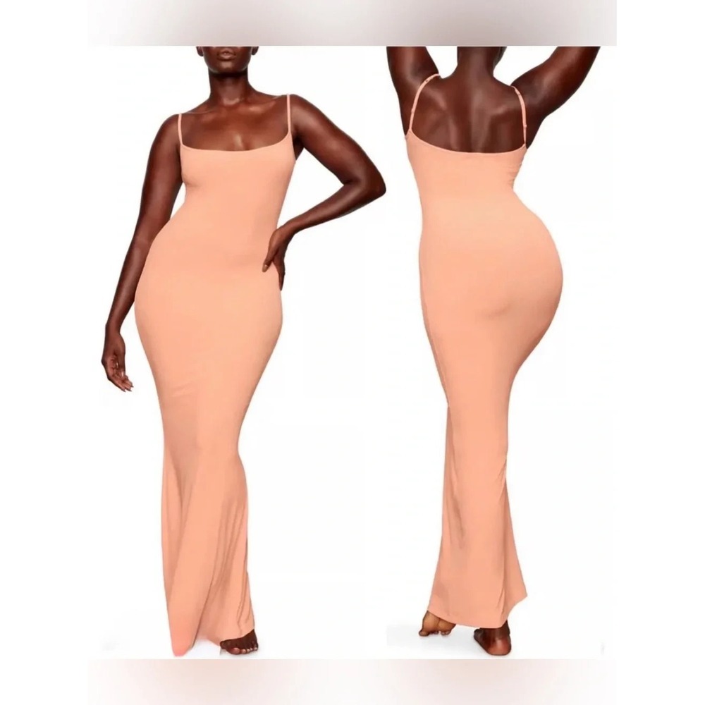 Skims Maxi Dress Soft Lounge Ribbed Knit Slip Peach Sleeveless
